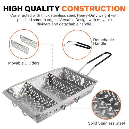 Proud Grill UltraVersatile Stainless Steel Grill Basket - Large BBQ Griddle basket for Outdoor Grill Vegetables - Meat - Fish Grill Basket with Detachable Handle & Movable Dividers