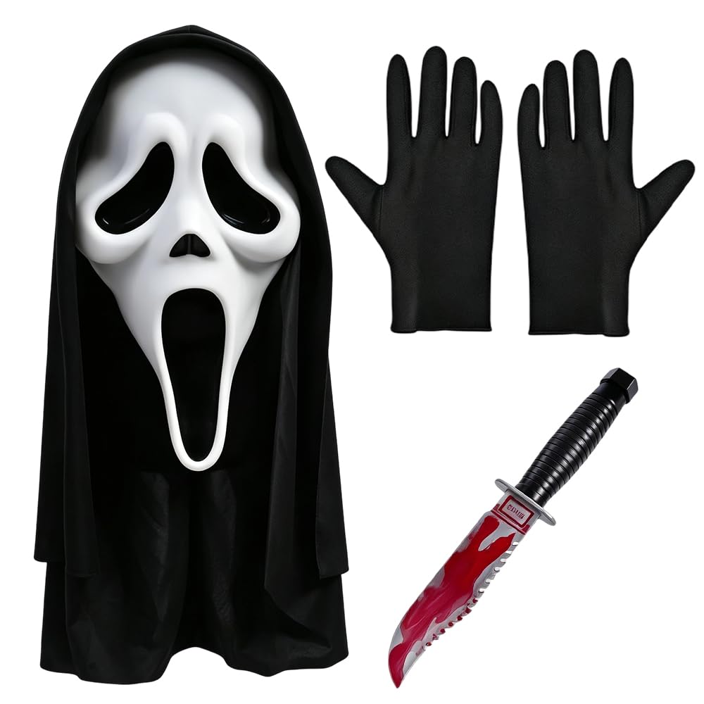 Agarte Halloween Scream Mask, Scary Ghost Face Mask, Full Head Horrible Skull Face Mask with Bloody Dagger and Black Gloves, Suitable for Halloween, Haunted Houses and Theme Parties, Cosplay Props