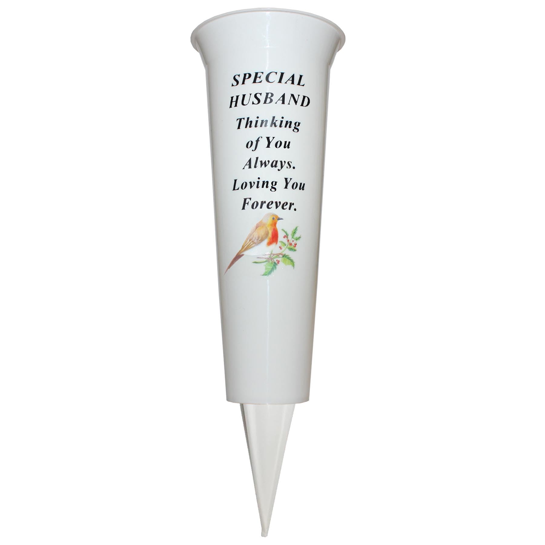 Widdle Gifts Special Husband 8736 Memorial Grave Flower Pot - 33Cm Tall Sturdy White Memorial Graveside Flower Vase With Spike And Robin Image (Special Husband 8736)