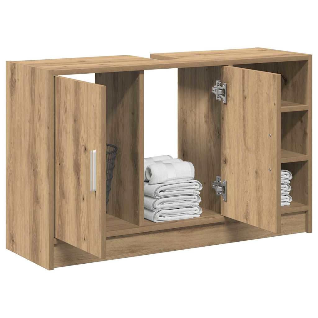 Meuble de Salle de Bain en Bois d'ingénierie Chêne Artisanal 90 x 29 x 55 cm avec Rangement, Portes suspendues, poignées en Argent pour Salle de Bain Moderne et Pratique