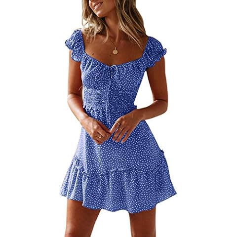 YOBECHO Womens Summer Ruffle Sleeve Sweetheart Neckline Printing Dress Mini Dress Blue Cover