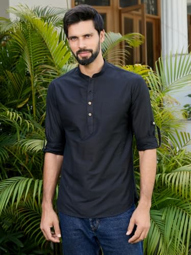 Image of See Designs Men's Roll-Up Sleeve Mandarin Collar Deluxe Cotton Solid Short Kurta (Pack of 2) - Festive Collection