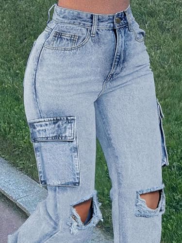 Women's High Waisted Ripped Boyfriend Cargo Jeans Distressed Denim Pants with Flap Pockets4