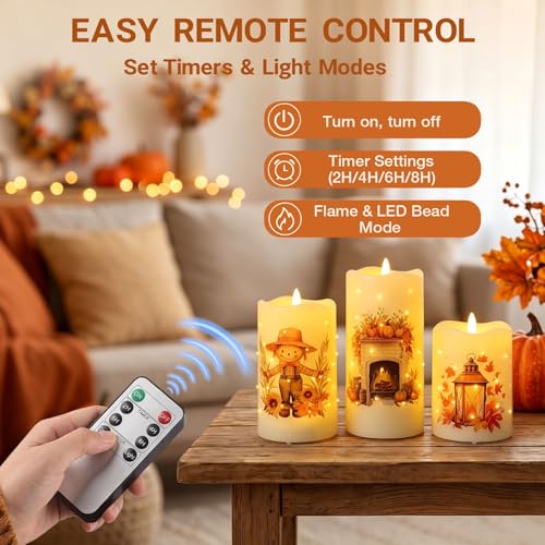 Image of Eywamage Fall Fiber Optic Flameless Pillar Candles with Remote Timer, Flickering Pumpkin Maple Leaves LED Battery Candles Autumn Harvest Home Table Decor Set of 3