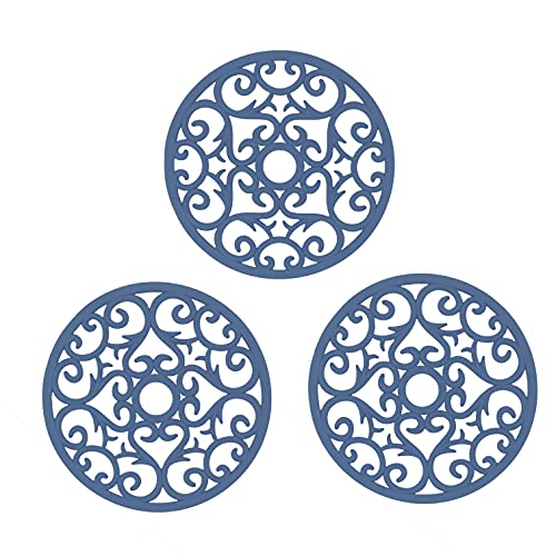 Makerstep Silicone Trivet Mat 3 Set in Heart Design Trivets. Hot Pan Holder Hot Pads For Countertop & Table. Non Slip, Serving Dishes Plates. Dishwasher Safe, Heat Resistant Kitchen Gadgets, Blue