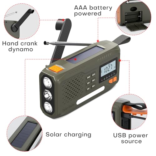 Wind Up Solar Radio, 4500mAh Rechargeable Portable Battery Radio, AM/FM Survival Hand Crank Radio with LCD Display, Emergency Survival Equipment with Torch, SOS, USB Phone Charger for Outdoor - Image 6