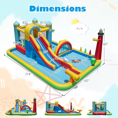 BOUNTECH Inflatable Water Slide, Kids Mega Water Park Bounce House w/Long Slide, Jumping Area, Climbing Wall, Water Cannons, Blow up Water Slides for Big Kids Outdoor Backyard (with 750W Air Blower)