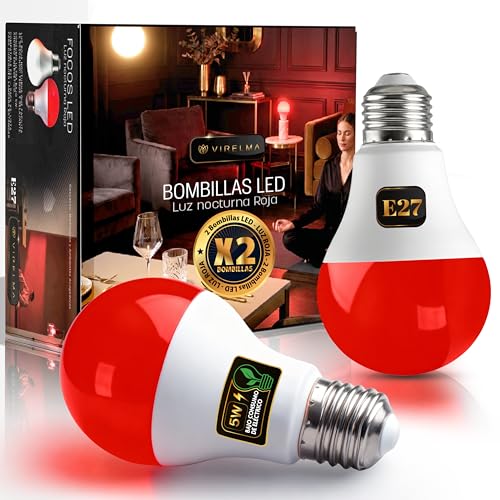VIRELMA® Luz Roja Nocturna Melatonina E27 5W PACK x2 – Bombillas LED Luz Roja Tenue para Dormir – Iluminación Suave Tipo Vela para Descanso, Meditación y Ambientes Acogedores