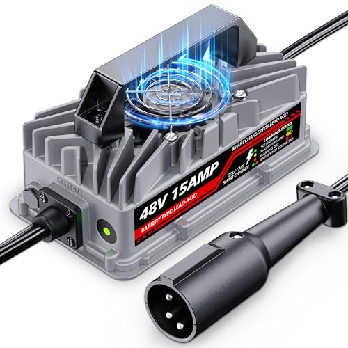 48V 15A Golf Cart Battery Charger for Club Car Precedent & DS - 3-Pin Round Plug, Smart Charger for Lead-Acid Batteries, IP67 Waterproof, Multi-Protection, Unique Design (Silver)