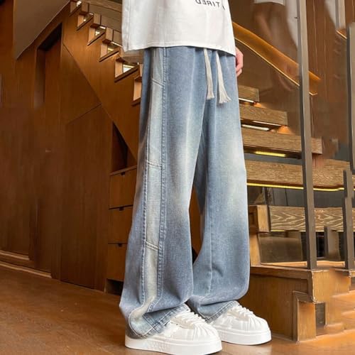 Viatabuna Big Boys Casual Straight Leg Baggy Jeans Elastic Waist Y2k Pull On Wide Leg Jeans Teen Boys with Pockets 13-17 Y2