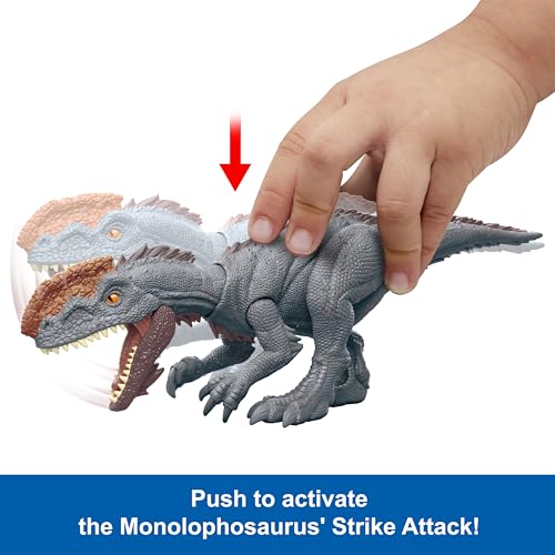Image of Mattel Jurassic World Strike Attack Dinosaur Toy with Single-Strike Action & Movable Joints, Monolophosaurus Action Figure Includes Digital Play