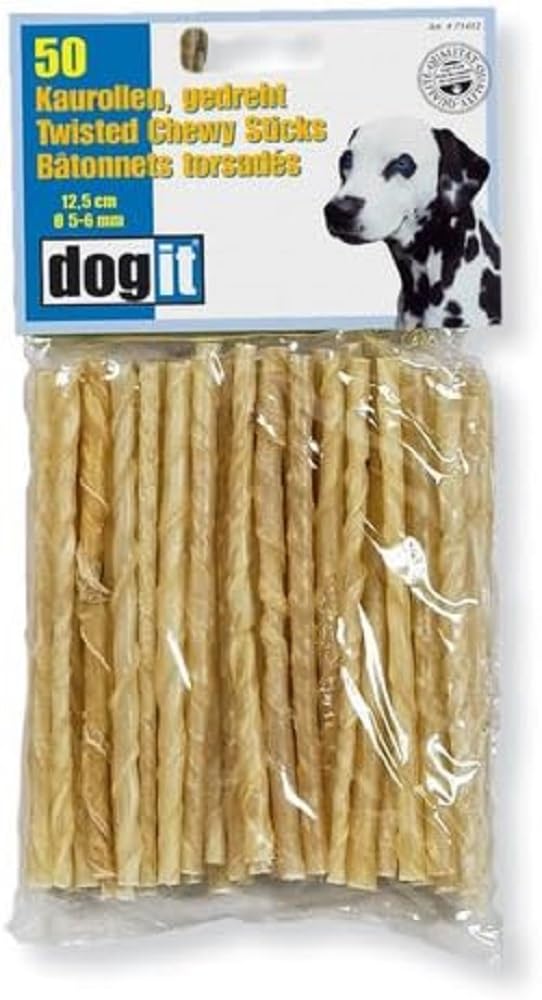 Dogit Przekąska dla psa, rolki do żucia dla psów, skręcone, ze skóry bydlęcej, 12,5 cm, opakowanie 50 sztuk