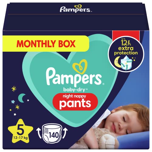 Pampers - Baby Dry Night Nappy Pants Talla 5, 140 pañales, 12 kg-17 kg, Pantalones De Noche Pampers Ofrecen Protección Adicional Durante Toda La Noche