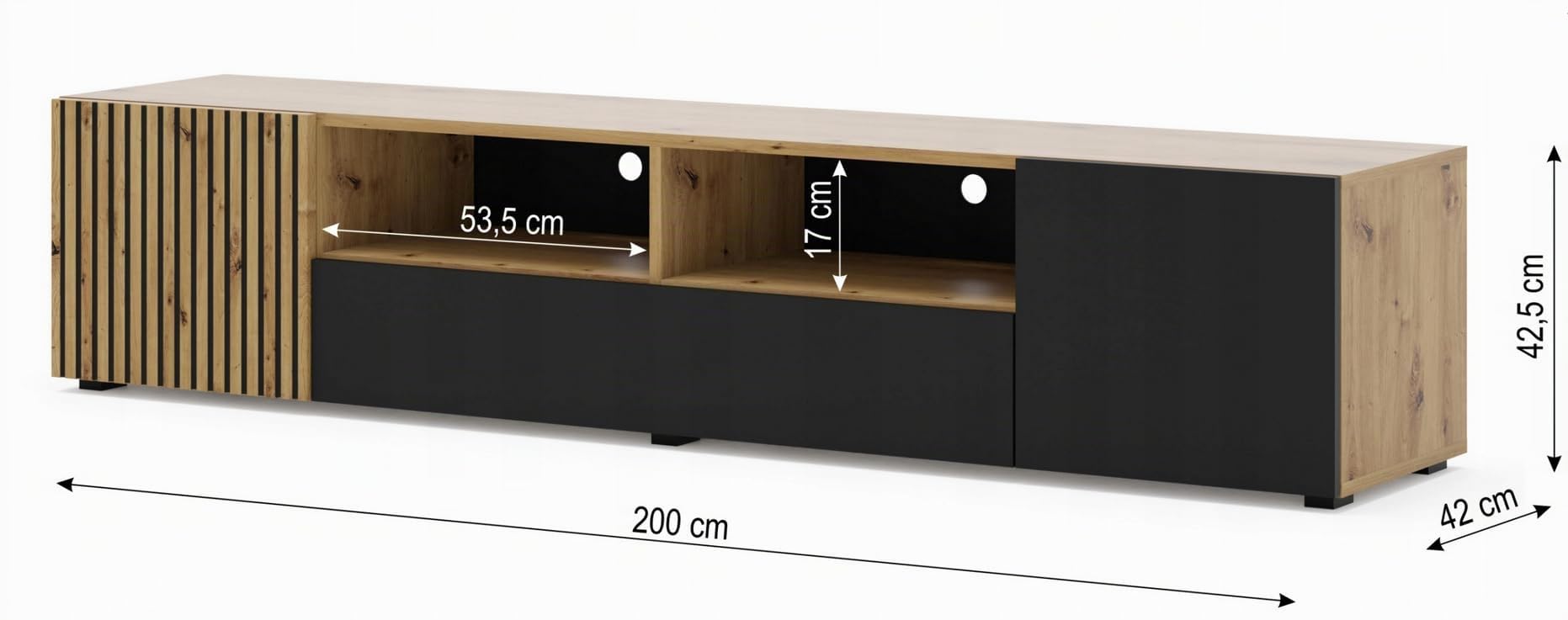 BIM Furniture TV Lowboard AURIS – 200x42x42 cm Stehend Wohnzimmermöbel, Grifflose Fronten, Fernsehtisch mit viel Stauraum, modernes TV Schrank – Eiche Artisan/Schwarz Matt