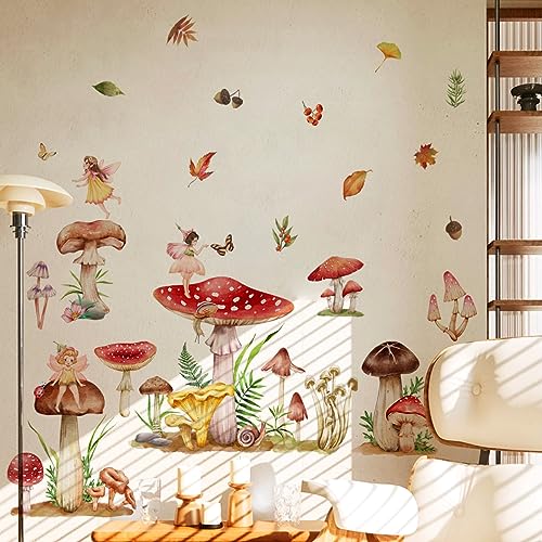 Runtoo Mushroom Butterfly Wall Stickers for Kids Bedroom Nursery, Fairy Mushroom Leaves - Image 2