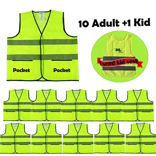 CIMC Yellow Reflective High Visibility Safety Vest with Pockets,10 Pack,Bright Construction Vest