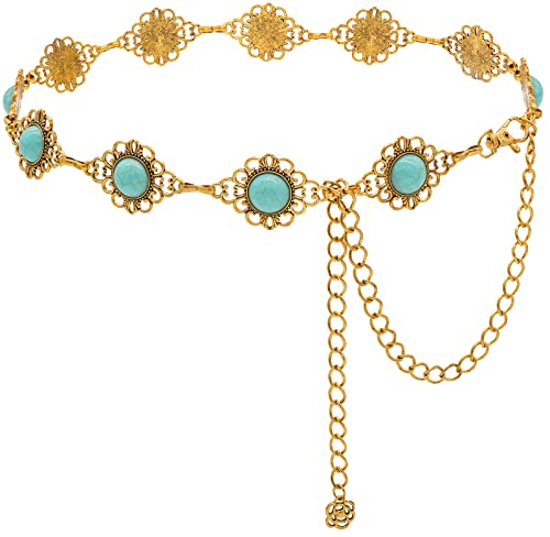 Concho Chain Belt for Women Turquoise Metal Waist Belts Hollow Out Stone Chain Belts Adjustable Western Chain