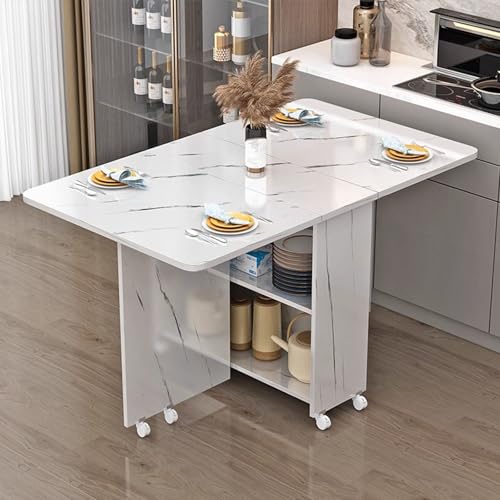 GUQASDV Mesa de Comedor Plegable Extensible con Tablero abatible y Almacenamiento de 2 Niveles, Mesa de Cocina con Ruedas, Mesa Multifuncional Extensible para Cocina(Wit)