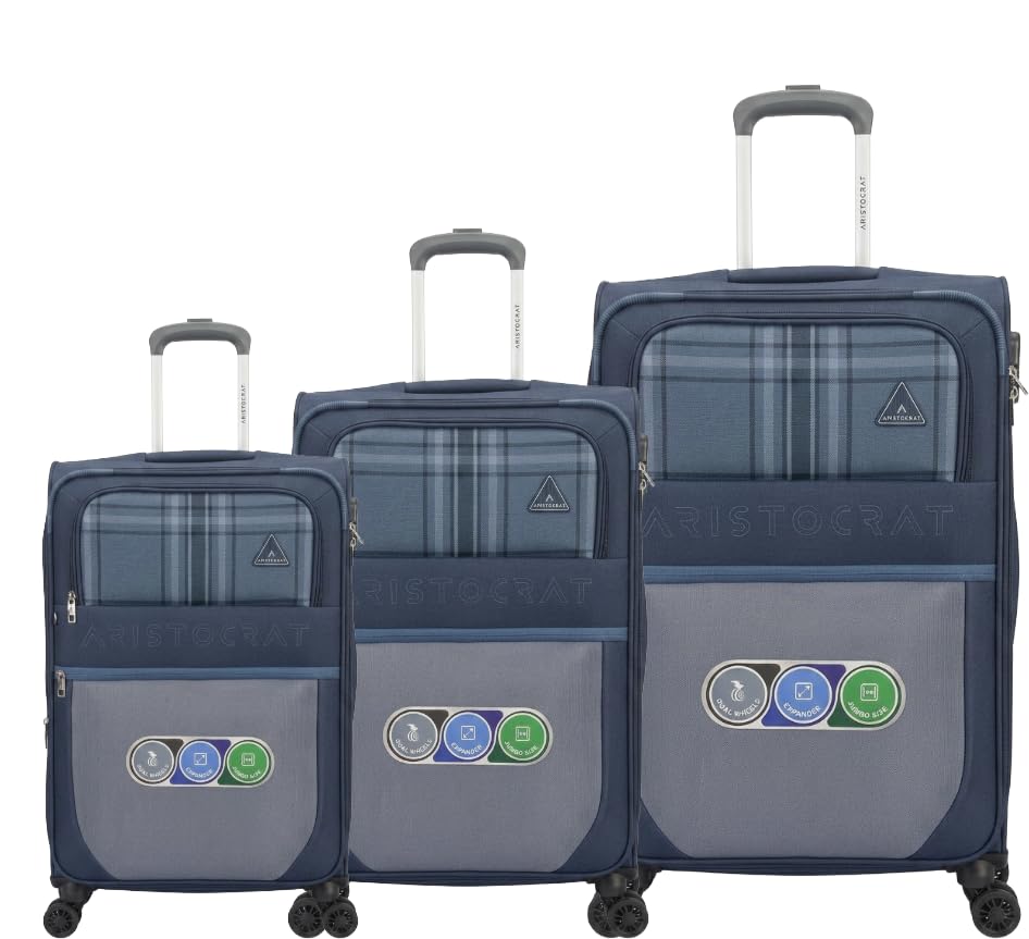 Image of VIP Aristocrat Softsided Polyster 8 Wheels Spinner Luggage with Premium Fabric,Jumbo Sizw,Spacious Interior,Expander and 3 Years International Warranty (Blue, Set of 3)