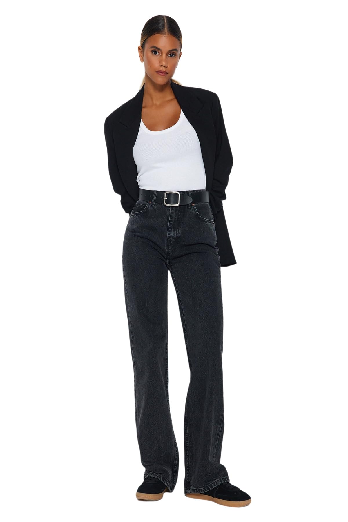 Trendyol Women's Damen Gerade Weites Bein Hohe Taille Jeans Jeans, Anthracite,