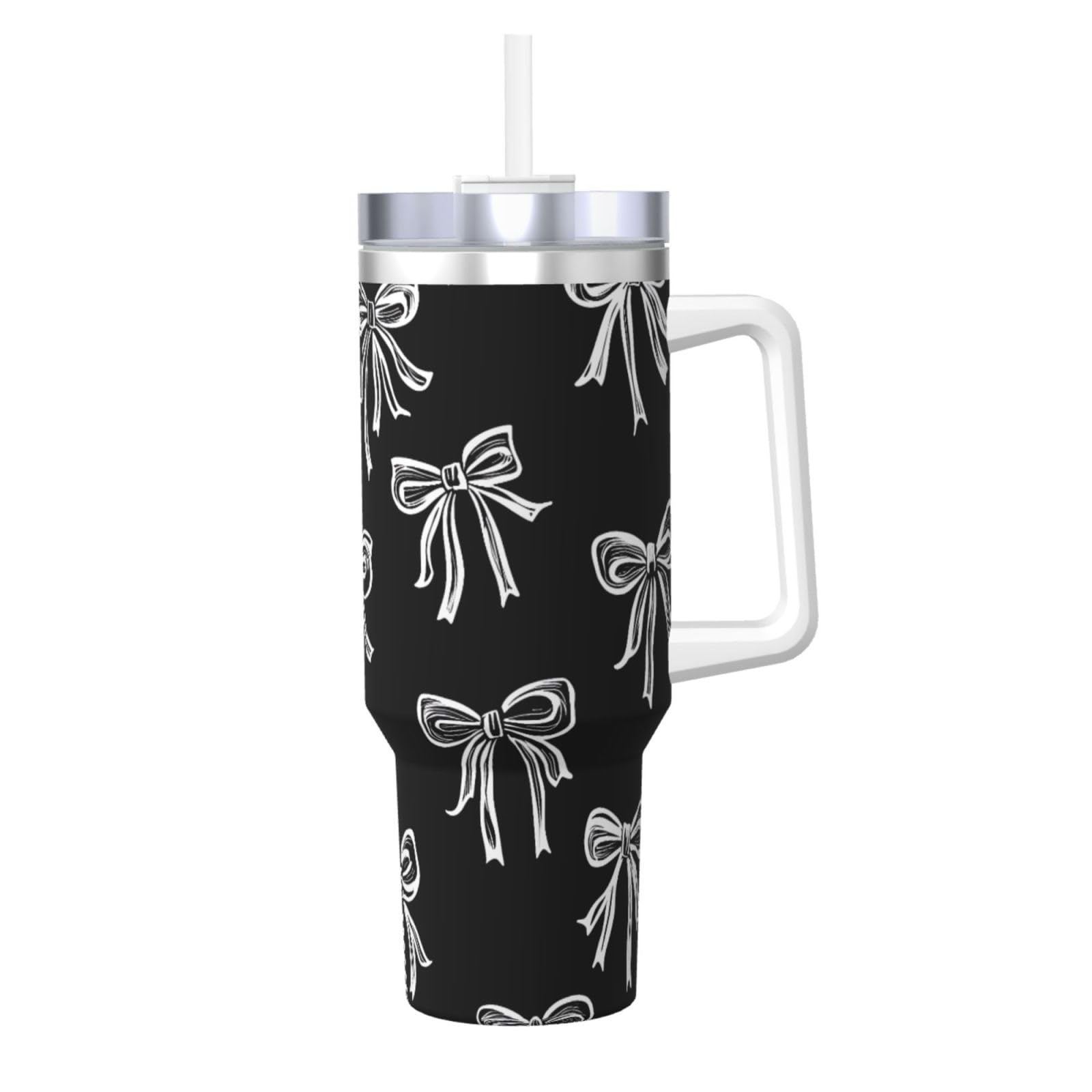 ZSUUGJ Black White Bows 40oz Insulated Tumbler with Handle and Straw Lid Insulated Travel Mug, Coffee Cup, Reusable Water Bottle, Ideal for Car, Work, Gift