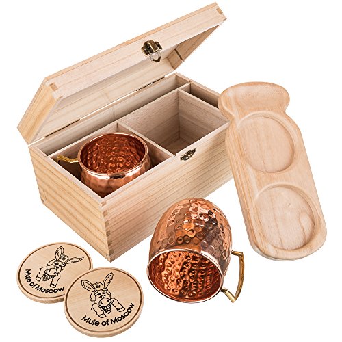 Mule of Moscow Copper Mug Gift Set Includes 2 Coasters and 2x 18oz Mugs, Wood Tray and Wooden Box Kit. Great Gifts for Men and Women