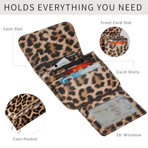 Image of Women Small Wallet RFID Blocking Slim Wallet with Coin Pocket Tri-Fold Credit Card Holder with ID Window and Keychain (Leopard)