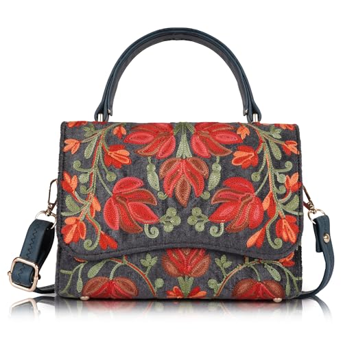 Image of Floral Embroidered Crossbody Sling Bag with Top Handle, Vintage Style Canvas for Women