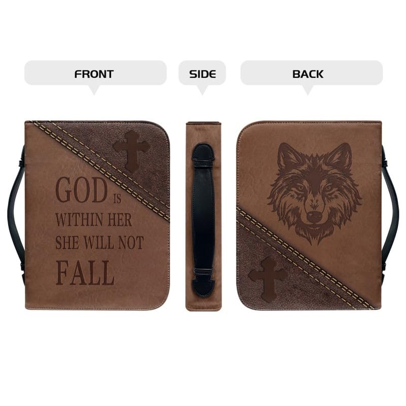 Kuiaobaty Brown Book Cover PU Leather Zipper Notebook Case with Pen Pocket, Lord Quotes Bible Case with Handle Inside Pocket, Wolf - Image 4