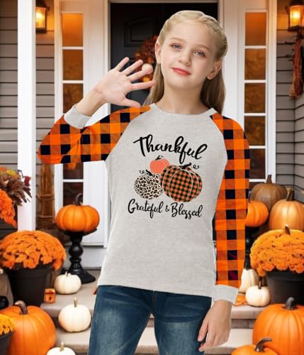 Remimi Girls Halloween Shirts Buffalo Plaid Raglan Tee Cute Holiday Party Long Sleeve Tshirt 5-14 Years3