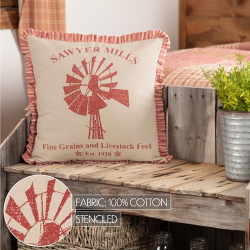 VHC-Brands-Farmhouse-Sawyer-Mill-Chambray-Windmill-Square-Pillow-Red-18×18 VHC Brands Farmhouse Sawyer Mill Chambray Windmill Square Pillow Red 18×18