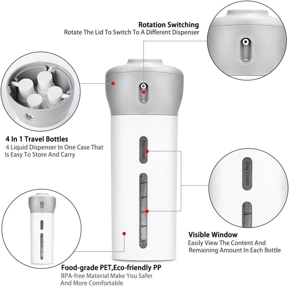 Peyx 4 In 1 Lotion Shampoo Gel Travel Dispenser Shower Bottles, Includes Four 40 Ml Cosmetic Toiletries Muti Pump Bottles For Shampoo, Lotions, (Multi Color) (Pack Of 1) - Image 3 thumbnail
