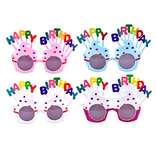 QWEQWE Lot de 4 paires de lunettes de soleil Happy Birthday Sweet Cream Cake Glasses Props Funny Novelty for Birthday Party Favors Lunettes de fête Accessoires photo (bleu, violet, rose+blanc) Cover