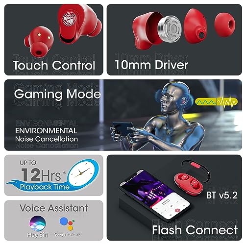 Image of Zebronics Zeb-Sound Bomb N2 TWS Earbuds with 50ms Low Latency Gaming, ENC, Voice Assistant, Flash Connect, Splash Proof, BT v5.2, up to 12H Backup, Call Function and Type C (Red)
