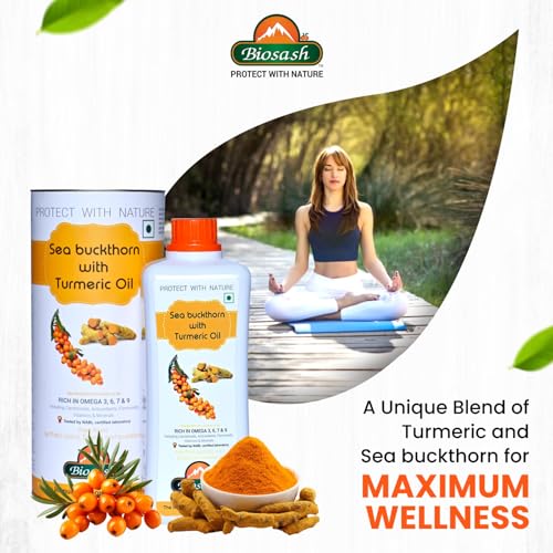 Image of Biosash Sea Buckthorn Juice with Turmeric Oil 250ml | From Certified Organic Berries, Cold-Pressed | Rich in Omega 3 6 7 9, Vitamins & Antioxidants | No Added Sugar, Herbal & Vitality | 50 Serves