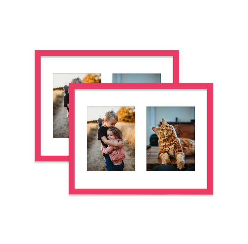 Bright Pink Multi Photo Frame - Holds 2 x 8x6 Pictures, Family Collage Picture Frame for Wall Display, 16x12 Frame size, Set of 2