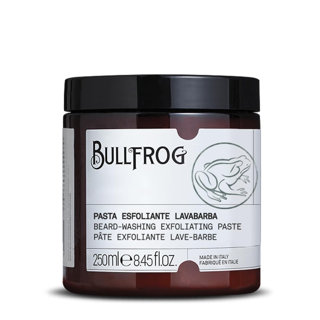 Bullfrog New Pâte Exfoliante Lavage de Barbe 250ml - Nettoyant Exfoliant aux Granules de Sucre, Anti-Odeurs, Parfum Lavande et Vétiver, Action Délicate et Naturelle, Fabriqué en Italie