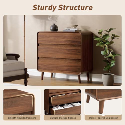 Image of Nasonet 3 Drawer Dressers for Bedroom, Mid Century Modern Chests of Drawers, Curved Dresser with Storage Drawer, Wooden Bedroom Furniture Drawer for Closet, Home Office, Walnut