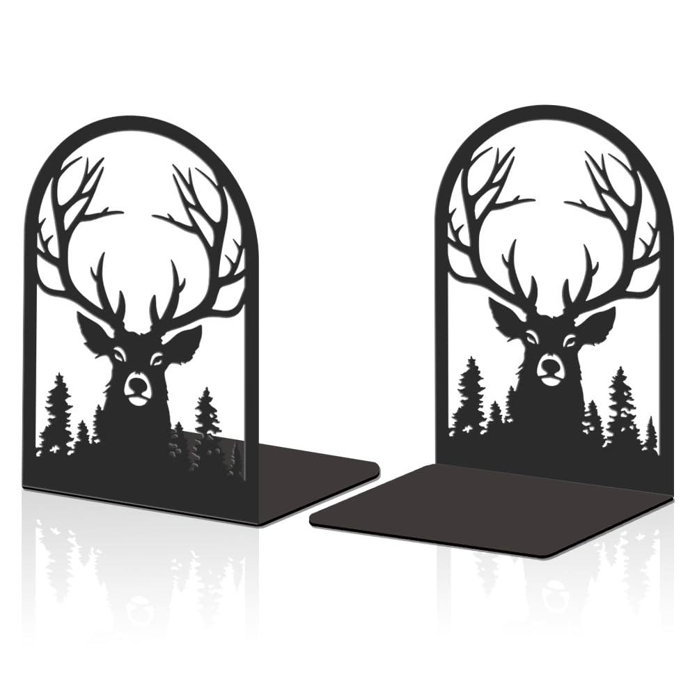 Hobbspring 2Pcs Metal Bookends Black Heavy Duty Book Shelf Holders Deer Head Decorative Book Ends Used on Desk for Back to School Christmas Office Home Library Small Large Heavy Books