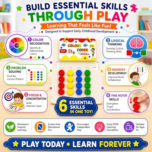 Image of Sky Tech Colour Coder Wooden Game Montessori Slide Puzzle Color & Pattern Matching Wooden Puzzle Learning Toys 15 Challenge Cards Logic Brain Game for Kids 4-8 Years Birthday Gift for Boys & Girls