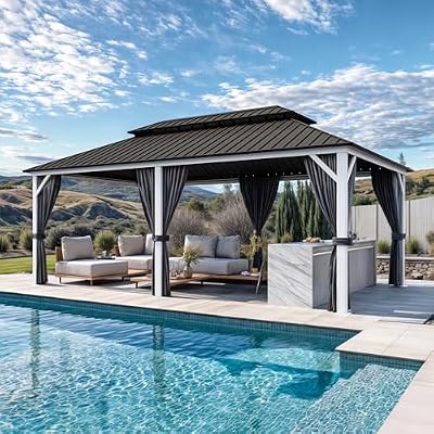 PURPLE LEAF 12' X 20' Hardtop Gazebo Metal Double Roof White Aluminum Frame Outdoor Heavy Duty Gazebo with Curtain and Netting for Patio Garden and Backyard, Grey