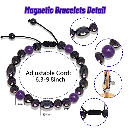 Image of Hion 2 Pack Magnetic Therapy Anklet Bracelet Plus 1 Pack Magnetic Bracelet for Women /Men Weight LossBoost Metabolism, Keep Slimming Hematite Purple Amethsyt Gemstone Anklet Bracelet Set