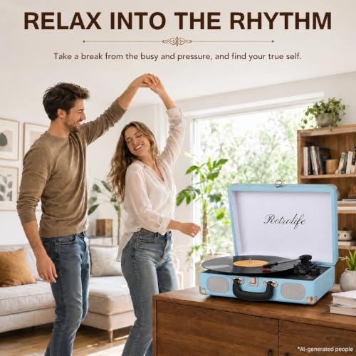 Image of Retrolife Record Player 3-Speed Bluetooth Portable Turntable-Sky Blue | Belt-Driven with Built-in Speakers, Wireless Bluetooth Input, RCA Out AUX In Headphone Jack, Auto-Stop, Gift for Music Lovers