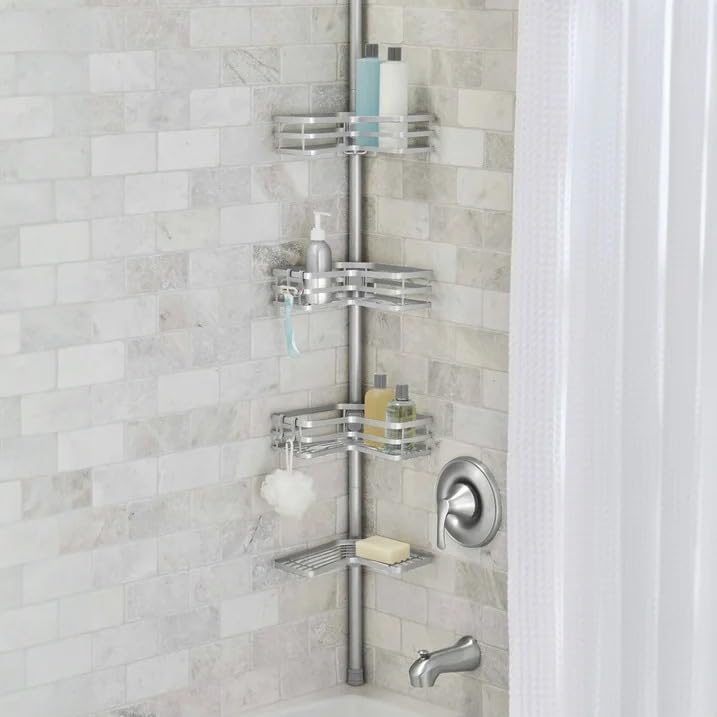 CNEIESD Corner Shower Caddy Tension Pole 4-Tier Rustproof Shower Organizer Shelf with Adjustable Rod Bathroom Shower Organizer Shelves