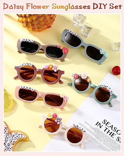 Kanayu 318 Pcs Kids Sunglasses DIY Kit Include 16 Pairs Daisy Sunglasses for Kids with 200 Random Letter Beads 100 Daisy Charms Floral Beads and 2 Glues for Toddler Girls Boys Birthday Party4