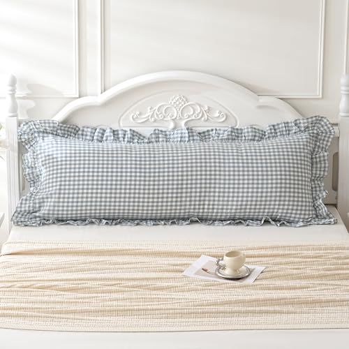 Blue White Plaid Ruffled Body Pillow Sham Washed Cotton Shabby Checkered Gingham Pillow Cover 20"x54"