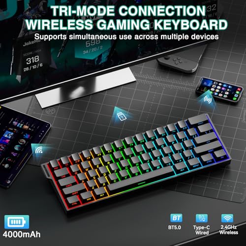 AULA MINI60 Wireless Gaming Keyboard,BT5.0/2.4GHz/Wired,Hall Effect Magnetic Switches,0.01mm RT Accuracy,Adjustable Actuation,8KHz Polling,RGB,WEB Driver,60% Percent Mechanical Keyboard (Black) - Image 4