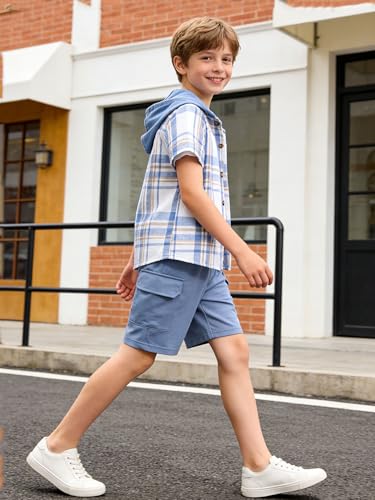 Image of Boys Clothes Shorts Sets Plaid Short Sleeve Hooded Button Shirt and Jogger Shorts for Kids Summer Outfits