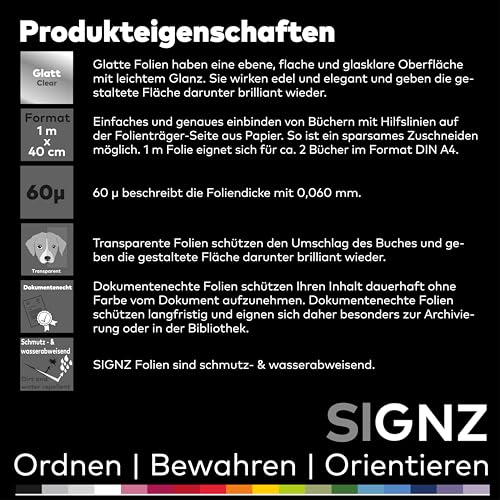 SIGNZ selbstklebende Buchschutzfolie, transparent, 1 m x 40 cm, starke 60 my (0,06mm), glasklar, CO2-neutral hergestellt, made in Germany
