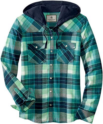 Legendary Whitetails Women's Plus Size Lumber Jane Hooded Flannel Snap Front Regular Fit, Frozen River Plaid, 1X